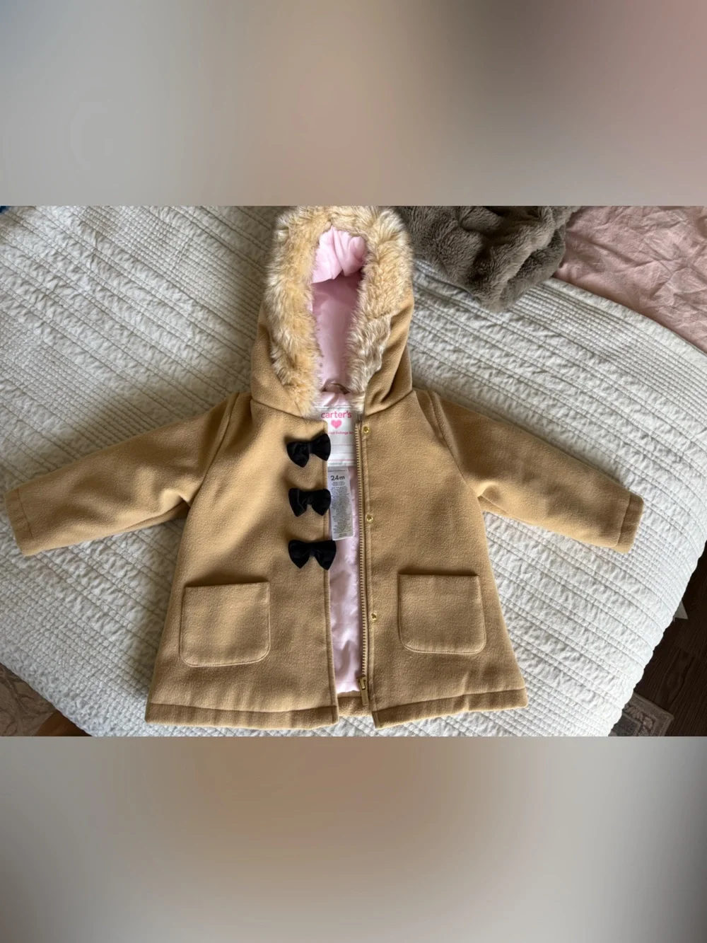 Carter's Pea Coat with Pink Lining and Faux Fur Hood